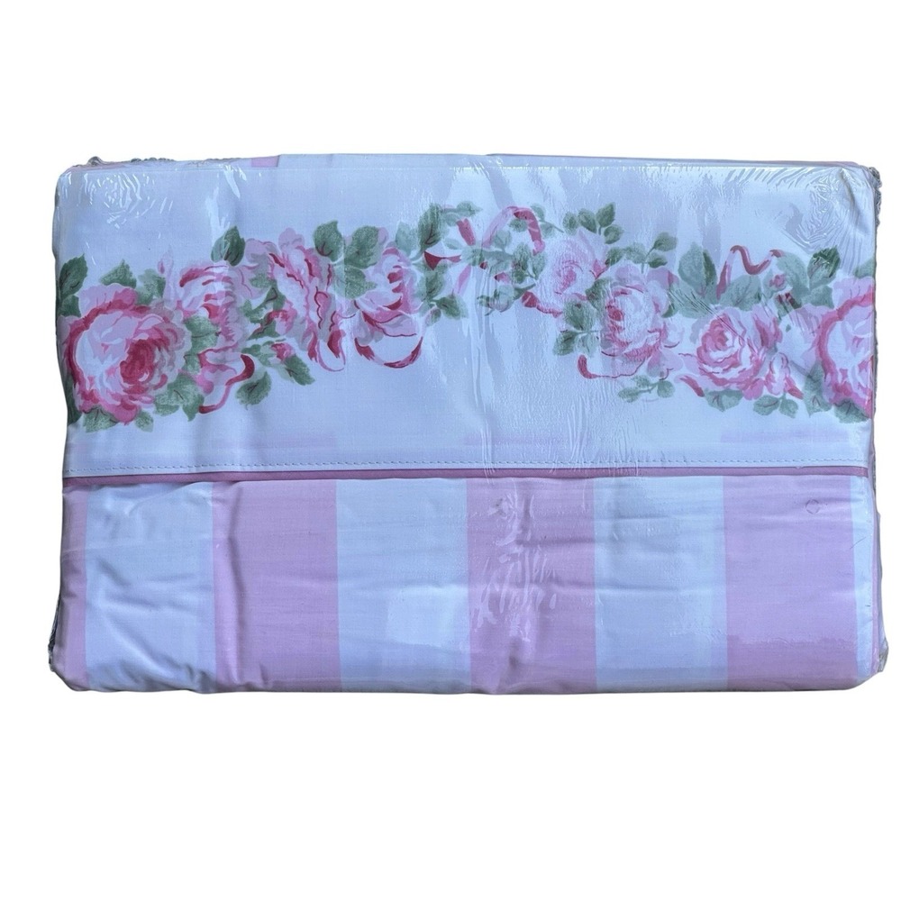 Vintage King Size Flat Sheet Stevens Floral Pink Wht Stripes Roses 108' x 102"